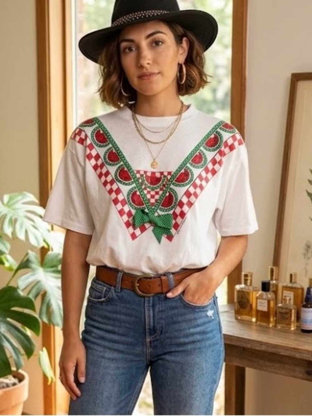 Vintage t shirt 1992 Vicki Melhart Watermelon Bow Red Checkered